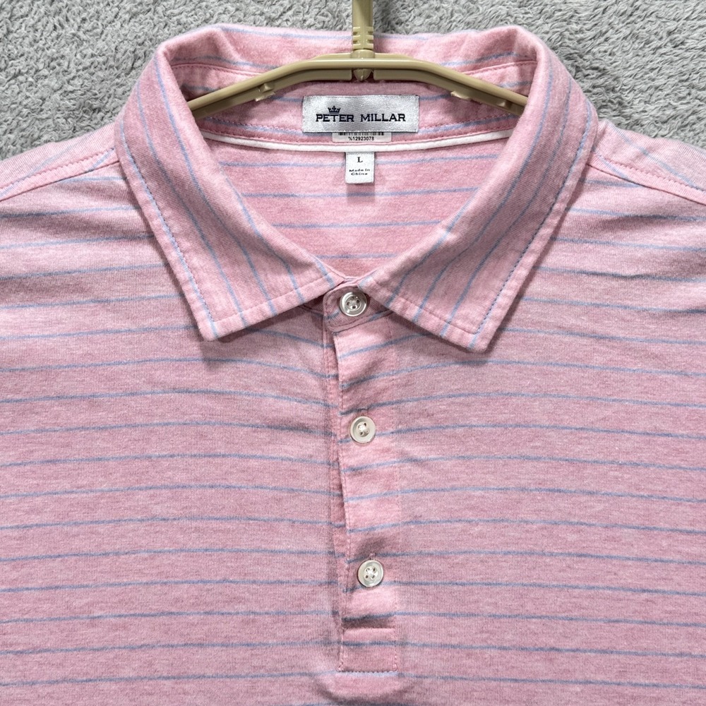 Peter Millar Polo Shirt Mens Large Pink Blue Crown Cool Striped Performance Golf - Picture 1 of 8